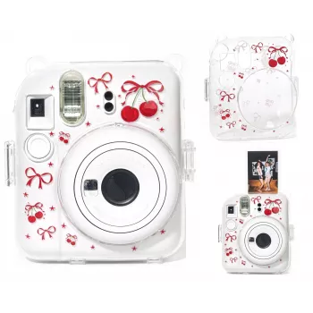 LOVEINSTANT Capa de Proteção Rígida para Fujifilm Instax Mini 12 - Padrão Cereja Vermelha com Alça de Ombro