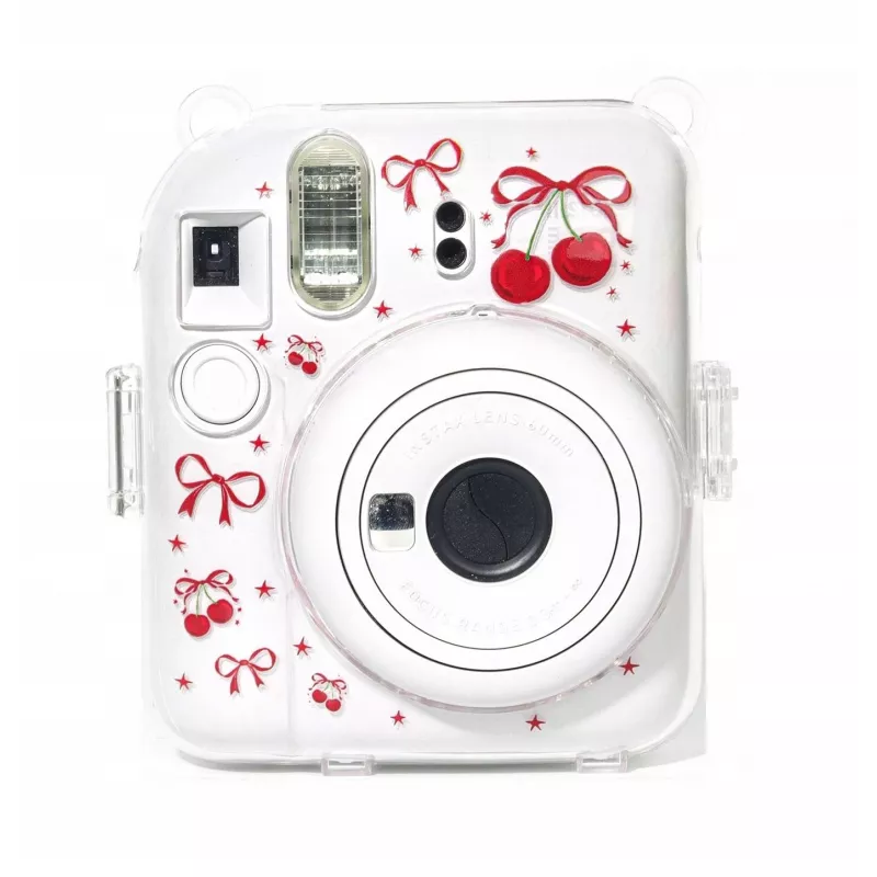 LOVEINSTANT Capa de Proteção Rígida para Fujifilm Instax Mini 12 - Padrão Cereja Vermelha com Alça de Ombro
