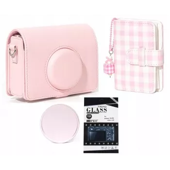 LOVEINSTANT Estojo Kit 4 em 1 Álbum de Fotografias Protetor de Ecrã LCD Tampa de Objetiva para Fujifilm Instax Mini Evo - Rosa