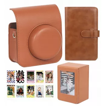 LOVEINSTANT Kit 4 em 1: Bolsa para Câmara, Álbum de Fotos, Caixa de Armazenamento, Autocolantes para Fuji Instax Mini 41 - Castanho