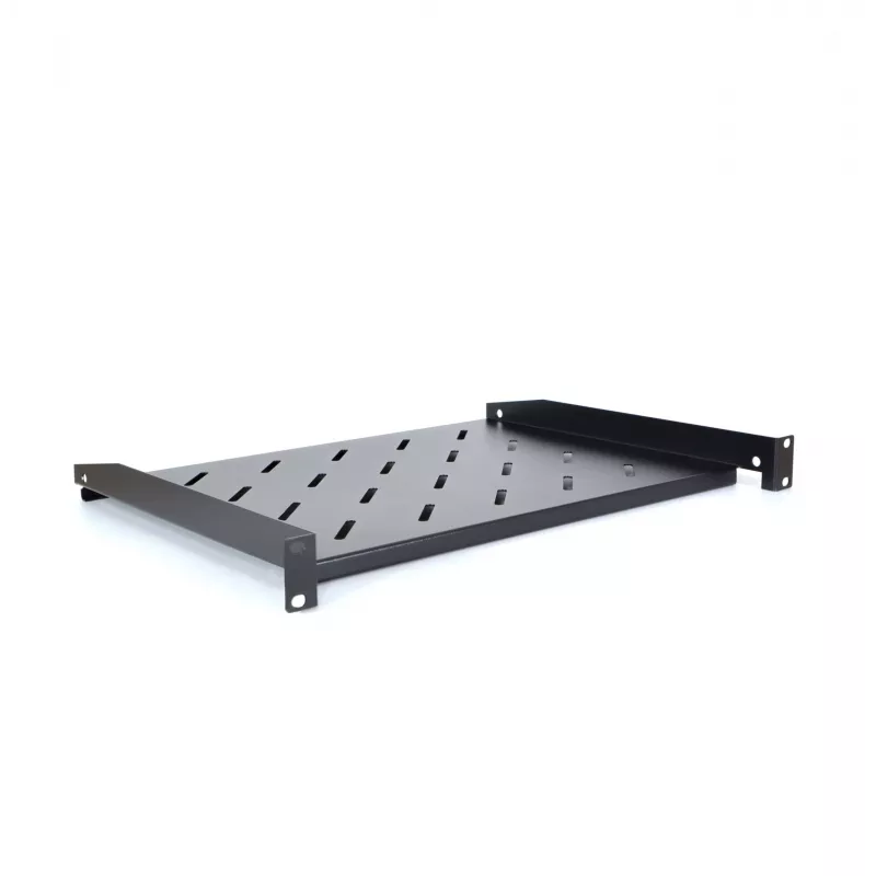 RACKTEL RL-PD600S Prateleira de encaixe 1U 19 polegadas de montagem frontal, profundidade 600 mm, capacidade de carga 20 kg, preto (RAL 9005)
