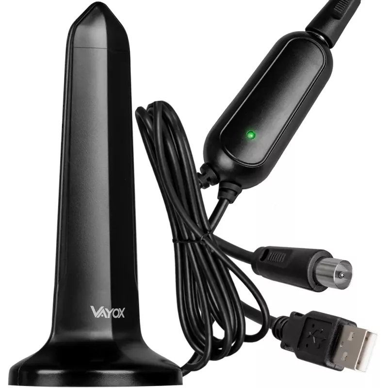 VAYOX VA0127 Antena Interior DVB-T/T2, Preto, 28 dBi, Cabo Coaxial 3m, Alimentação USB