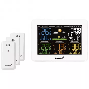 Estação meteorológica Levenhuk Wezzer PLUS LP60 com ecrã LCD a cores, sensor exterior sem fios, monitorização de temperatura e humidade, previsão meteorológica, despertador