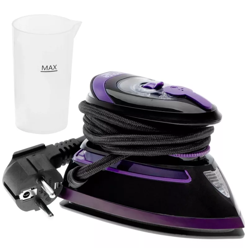 Adler AD 5049 Ferro de engomar a vapor de viagem, 420 W, base de cerâmica 14 x 7,5 cm, depósito de água 30 ml, 110/220 V, preto/violeta