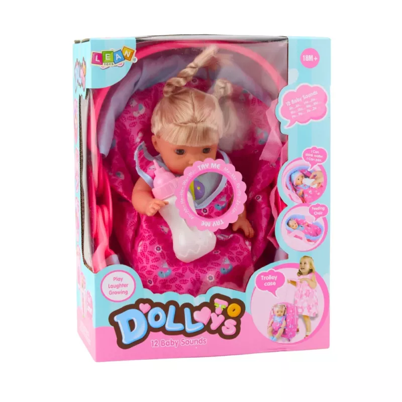 LEAN TOYS Boneca Bebé em Alcofa com Biberão, Chupeta, Fala, Balbucia, Faz Chichi