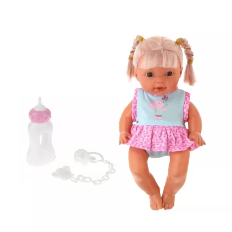 LEAN TOYS Boneca Bebé em Alcofa com Biberão, Chupeta, Fala, Balbucia, Faz Chichi