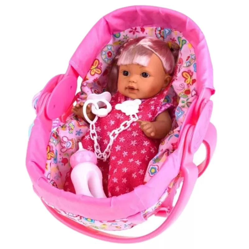LEAN TOYS Boneca Bebé em Alcofa com Biberão, Chupeta, Fala, Balbucia, Faz Chichi