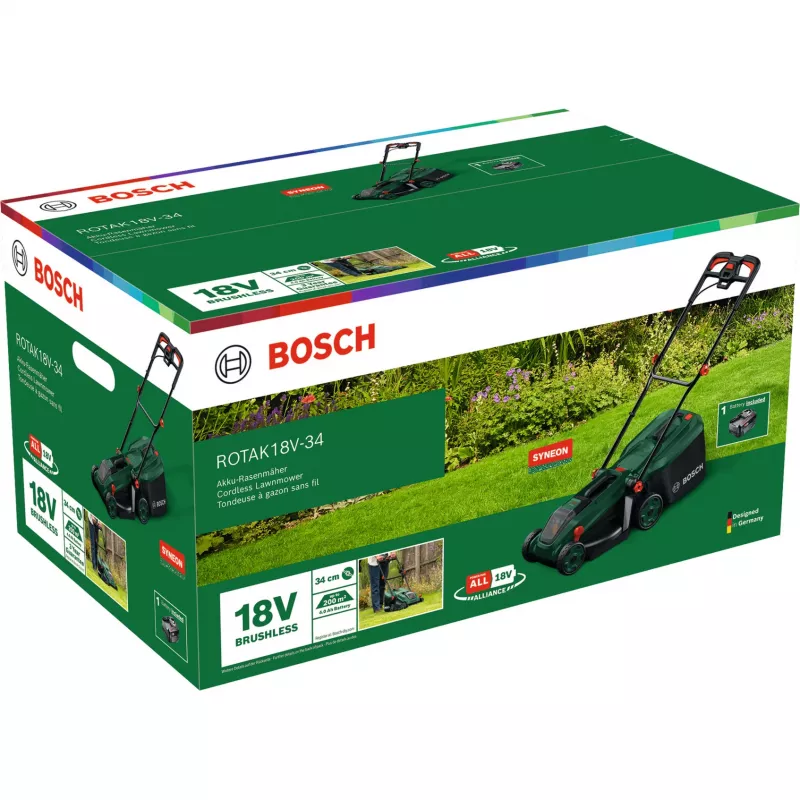 Bosch Rotak 18V-34 Corta-Relva a Bateria com Conjunto de Arranque e Plugue de Mulching (C)