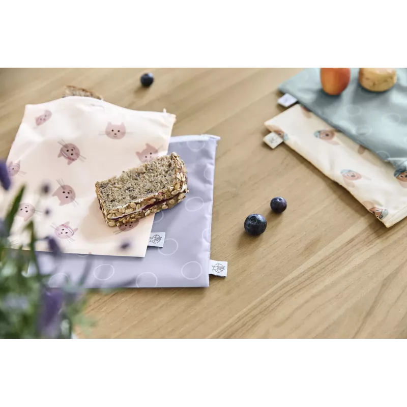 Conjunto de sacos de lanche Lassig, pack de 2, Tiny Team Cat, sacos reutilizáveis com fecho