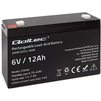 Qoltec Bateria AGM 6V 12Ah sem manutenção LongLife para UPS, balanças, caixas registadoras