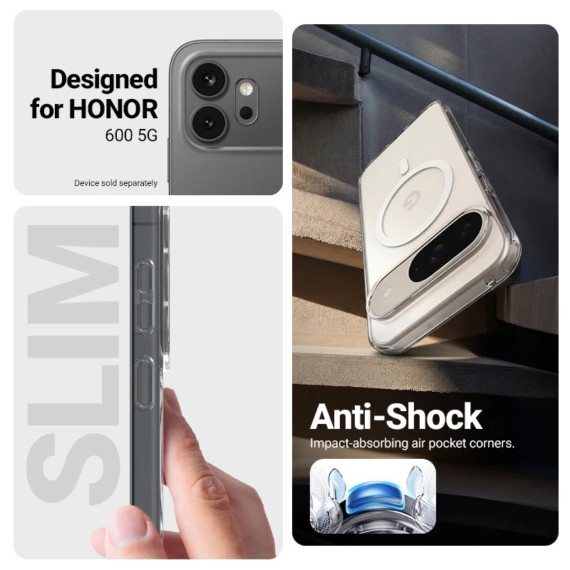 Crong Hybrid Clear Magnetic Capa para Honor 600 5G, compatível com MagSafe, Transparente