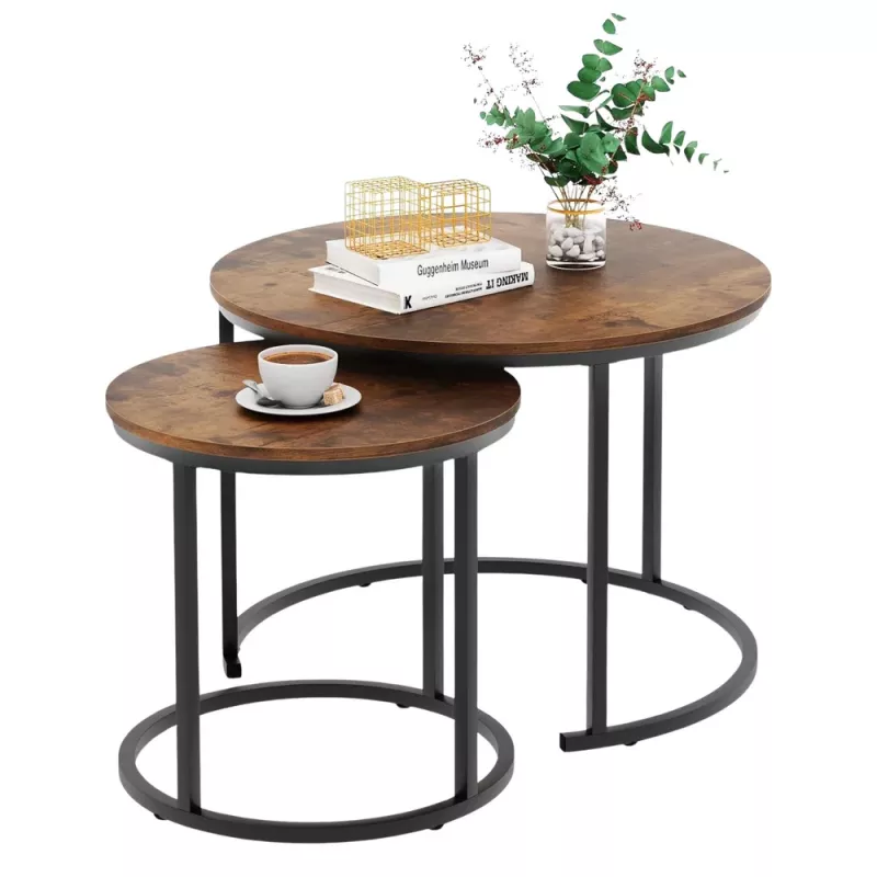 LEAN Conjunto de 2 Mesas de Centro Redondas 2 em 1 Vintage Madeira Natural 70x50cm 45x44cm