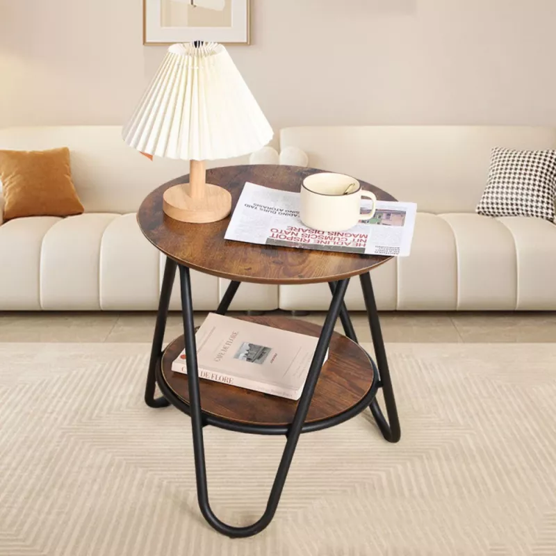 LEAN Mesa de centro redonda com prateleira adicional Industrial Vintage 40x42 cm