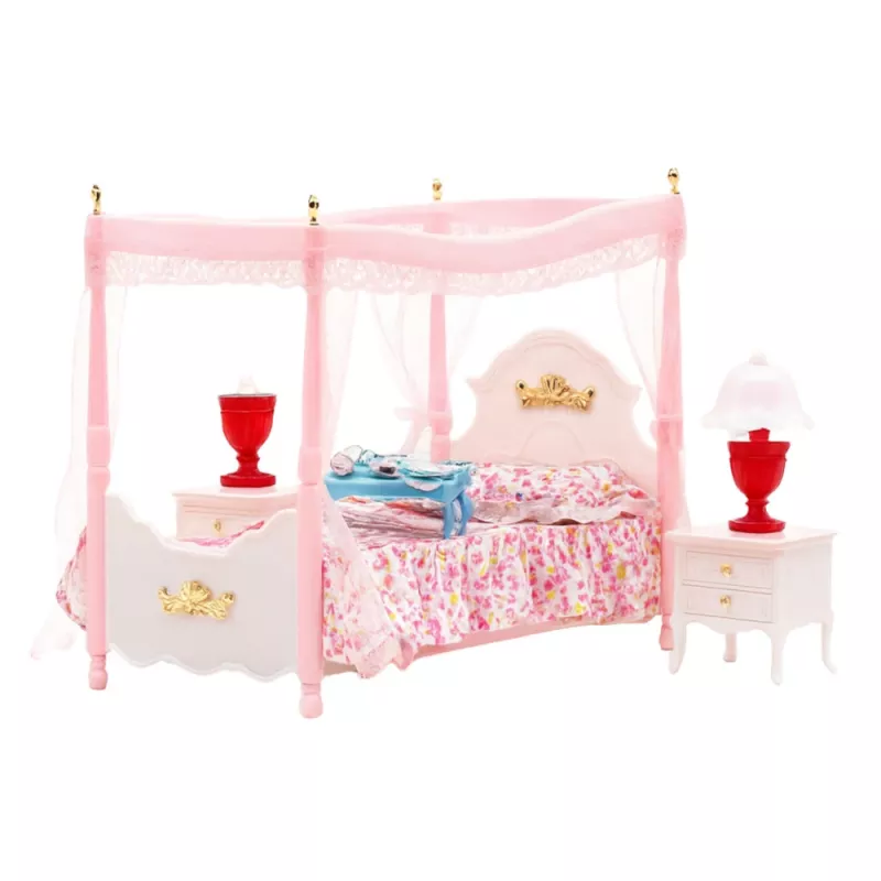 LEAN TOYS Conjunto de mobiliário para bonecas: cama com dossel, mesas de cabeceira, candeeiros