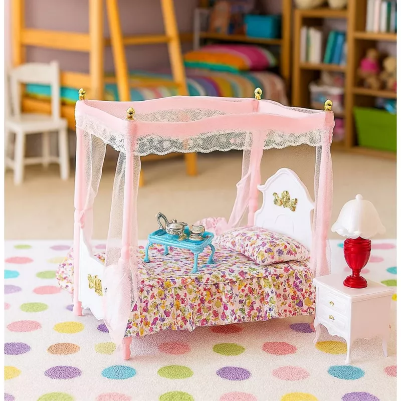 LEAN TOYS Conjunto de mobiliário para bonecas: cama com dossel, mesas de cabeceira, candeeiros