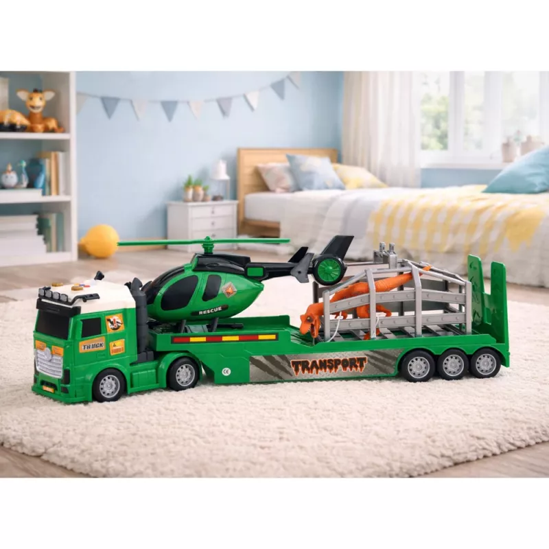 LEAN TOYS Conjunto de transporte de dinossauros: camião, reboque, helicóptero, luzes, som