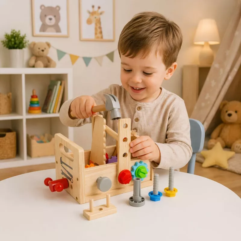 LEAN TOYS Conjunto de Caixa de Ferramentas de Madeira para Crianças com Engrenagens e Porcas - 25 Peças, Madeira FSC, a partir dos 3 anos