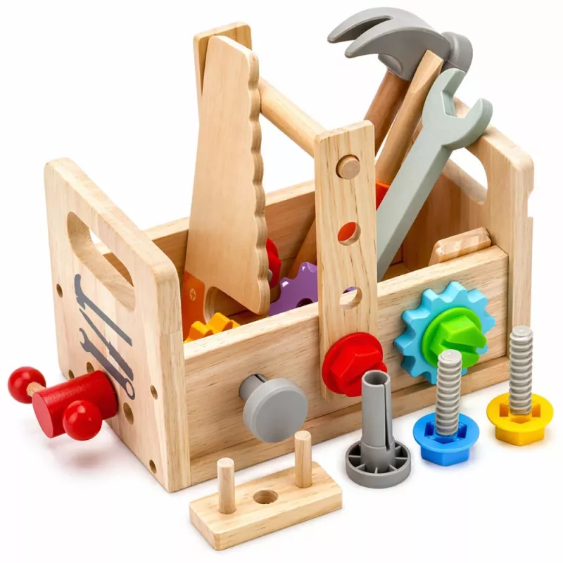 LEAN TOYS Conjunto de Caixa de Ferramentas de Madeira para Crianças com Engrenagens e Porcas - 25 Peças, Madeira FSC, a partir dos 3 anos
