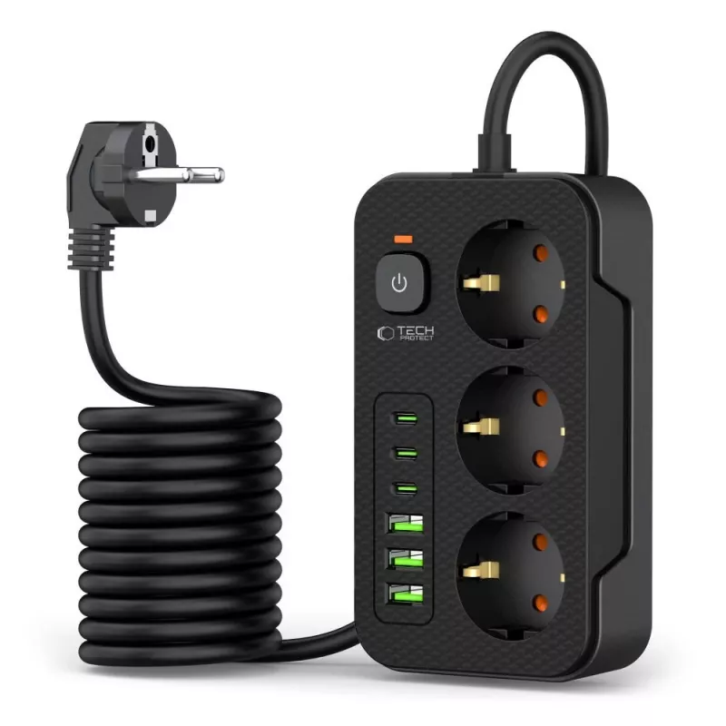 Extensão elétrica TECH-PROTECT PC3X6 3 USB e 3 Type-C e 3 tomadas 200cm Preto