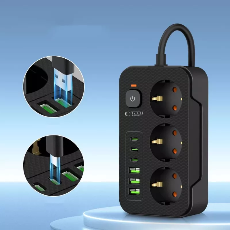 Extensão elétrica TECH-PROTECT PC3X6 3 USB e 3 Type-C e 3 tomadas 200cm Preto