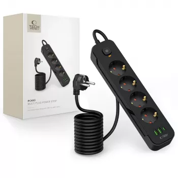 Extensão elétrica longa TECH-PROTECT PCL4X3 2 USB e 1 Type-C e 4 tomadas 200cm Preto