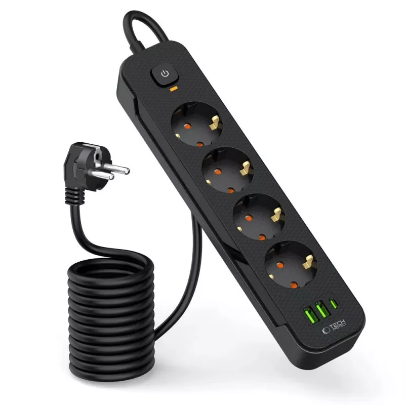 Extensão elétrica longa TECH-PROTECT PCL4X3 2 USB e 1 Type-C e 4 tomadas 200cm Preto