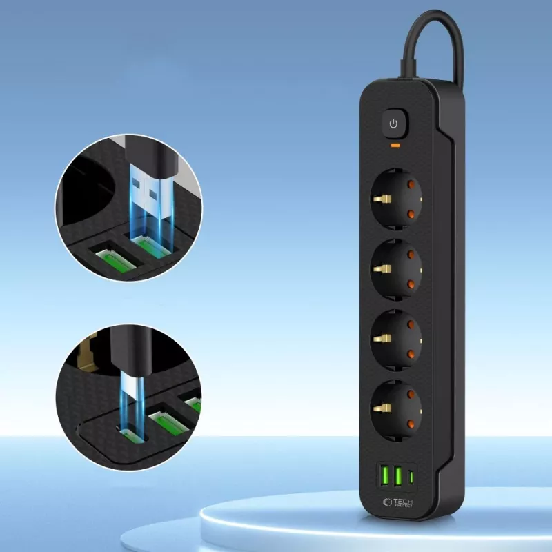 Extensão elétrica longa TECH-PROTECT PCL4X3 2 USB e 1 Type-C e 4 tomadas 200cm Preto