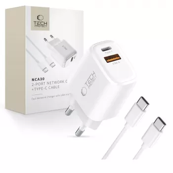 Carregador de rede de 2 portas TECH-PROTECT NCA30 PD 30W / QC3.0 + cabo USB-C Branco