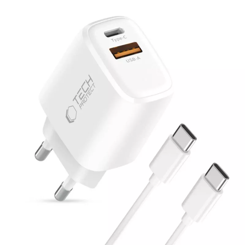 Carregador de rede de 2 portas TECH-PROTECT NCA30 PD 30W / QC3.0 + cabo USB-C Branco