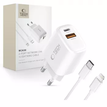 Carregador de rede de 2 portas TECH-PROTECT NCA30 PD 30W / QC3.0 + cabo Lightning Branco