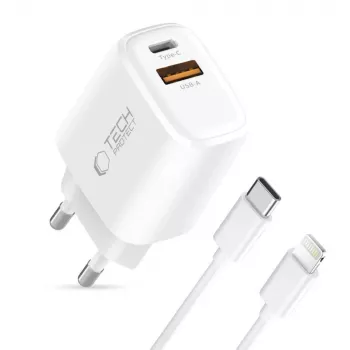 Carregador de rede de 2 portas TECH-PROTECT NCA30 PD 30W / QC3.0 + cabo Lightning Branco