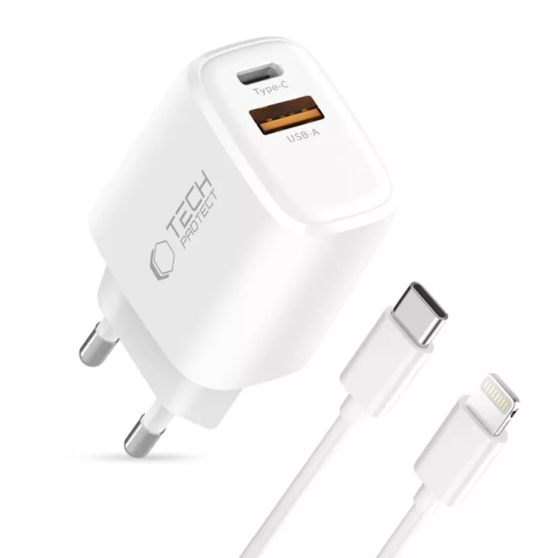 Carregador de rede de 2 portas TECH-PROTECT NCA30 PD 30W / QC3.0 + cabo Lightning Branco
