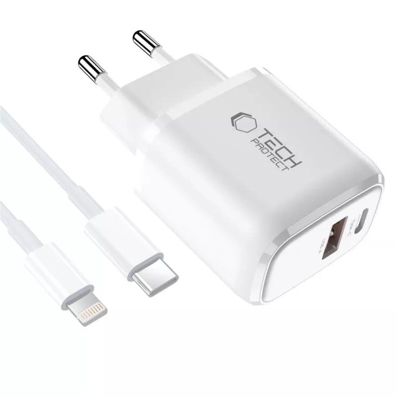 Carregador de rede de 2 portas TECH-PROTECT NCA30 PD 30W / QC3.0 + cabo Lightning Branco
