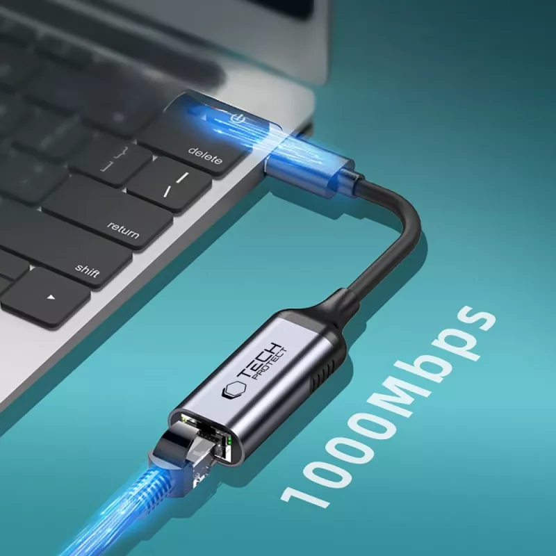 TECH-PROTECT ULTRABOOST Adaptador USB-C para Ethernet RJ45 1000 Mbps Preto