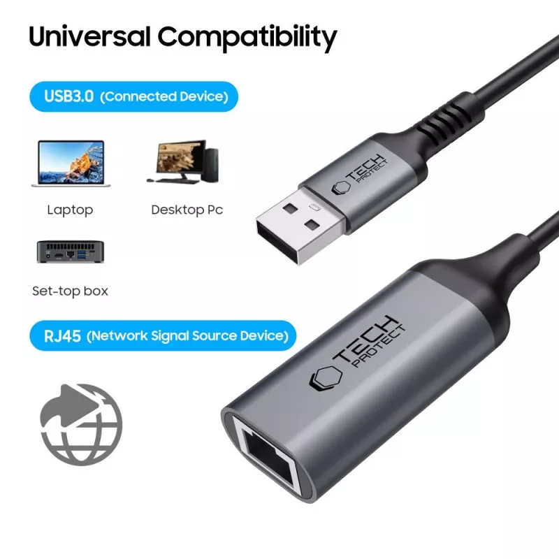 TECH-PROTECT ULTRABOOST Adaptador USB 3.0 para Ethernet RJ45 1000Mbps Preto