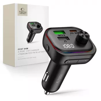 TECH-PROTECT CC07 Carregador de Automóvel 3 Portas PD 54W + Transmissor FM Bluetooth Preto
