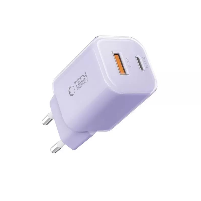 TECH-PROTECT NCM33 Carregador de rede de 2 portas PD 33W / QC3.0 Roxo bebé