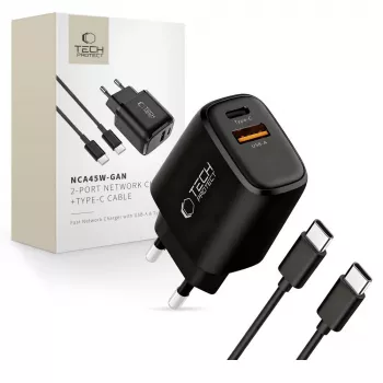 TECH-PROTECT NCA45W-GAN Carregador de rede de 2 portas PD 45W / QC3.0 + cabo USB-C preto