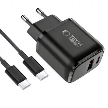 TECH-PROTECT NCA45W-GAN Carregador de rede de 2 portas PD 45W / QC3.0 + cabo USB-C preto