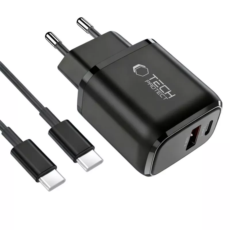 TECH-PROTECT NCA45W-GAN Carregador de rede de 2 portas PD 45W / QC3.0 + cabo USB-C preto