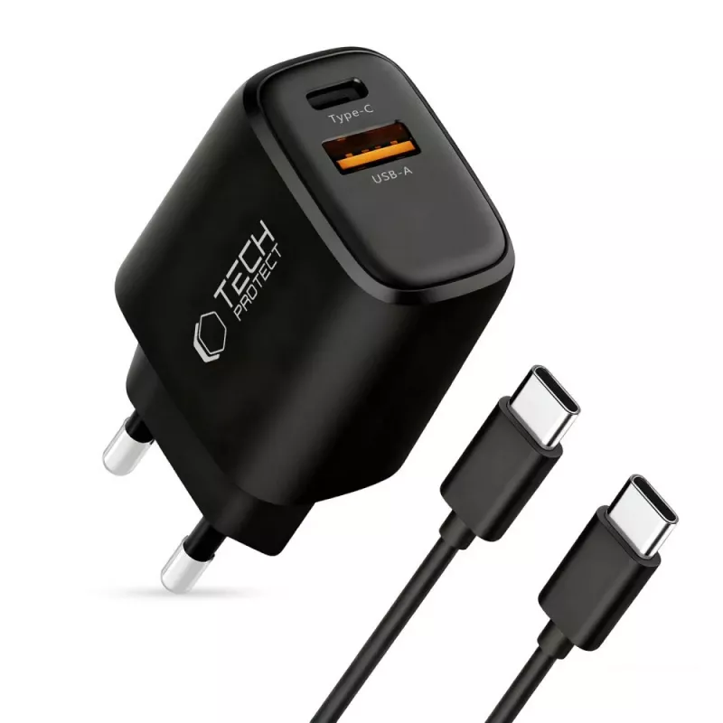 TECH-PROTECT NCA45W-GAN Carregador de rede de 2 portas PD 45W / QC3.0 + cabo USB-C preto