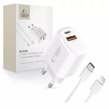 TECH-PROTECT NCA45W-GAN Carregador de rede de 2 portas PD 45W / QC3.0 + cabo Lightning branco