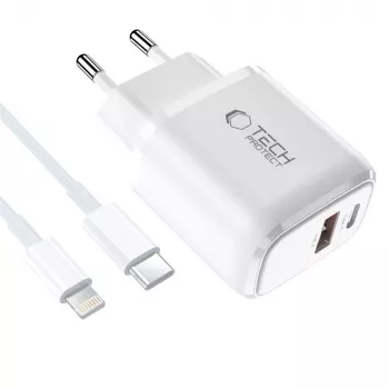 TECH-PROTECT NCA45W-GAN Carregador de rede de 2 portas PD 45W / QC3.0 + cabo Lightning branco