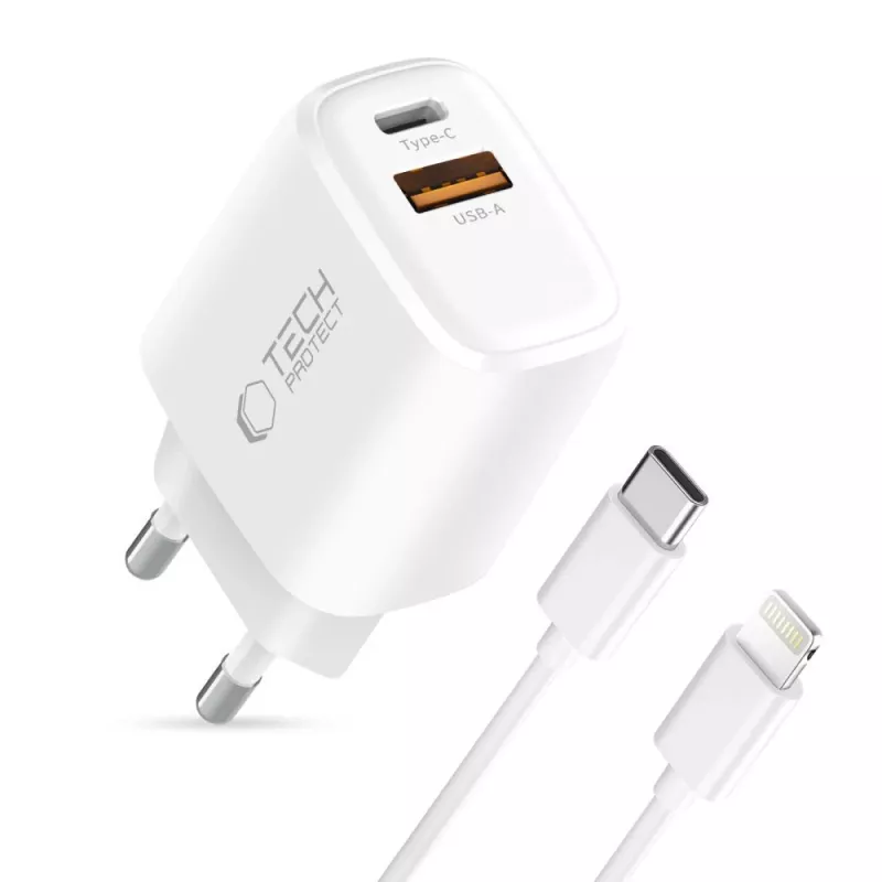 TECH-PROTECT NCA45W-GAN Carregador de rede de 2 portas PD 45W / QC3.0 + cabo Lightning branco