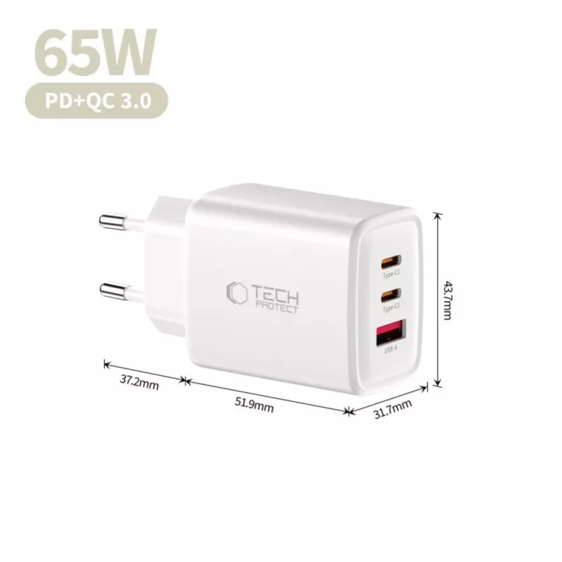 TECH-PROTECT NCA65W-GAN Carregador de rede de 3 portas PD 65W / QC3.0 branco
