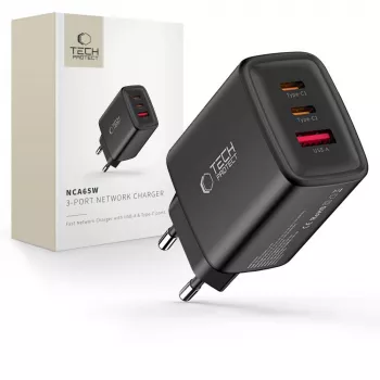TECH-PROTECT NCA65W-GAN Carregador de rede de 3 portas PD 65W / QC3.0 preto