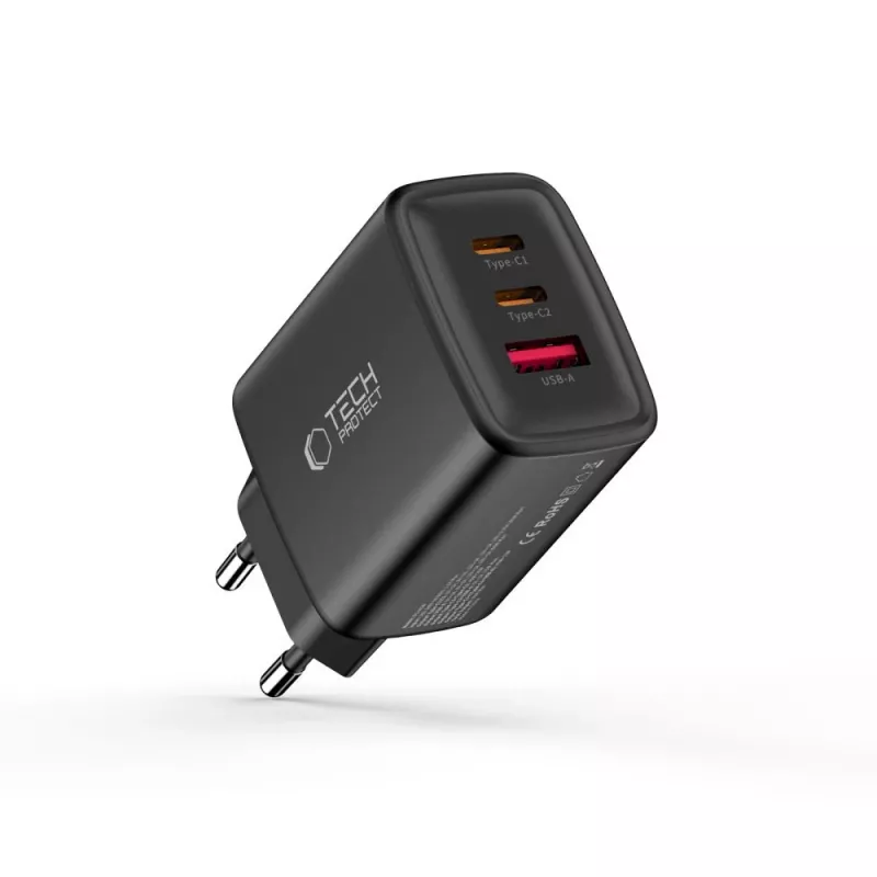 TECH-PROTECT NCA65W-GAN Carregador de rede de 3 portas PD 65W / QC3.0 preto