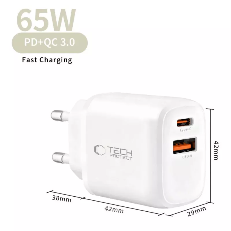 TECH-PROTECT NCA65W-GAN Carregador de rede de 2 portas PD 65W / QC3.0 branco