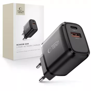 TECH-PROTECT NCA65W-GAN Carregador de rede de 2 portas PD 65W / QC3.0 preto