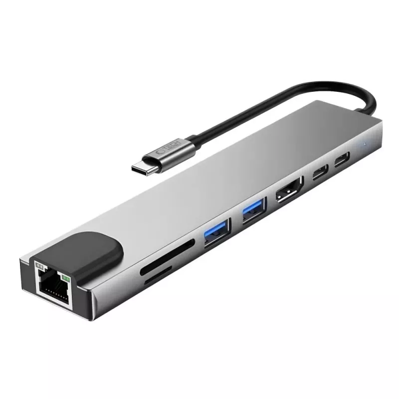 TECH-PROTECT HB09 Adaptador hub 8 em 1 USB-C para USB-A 3.0, USB-C 3.0, HDMI 4K 60Hz, SD/TF, PD 100W, RJ45 Gigabit Ethernet, cinzento espacial